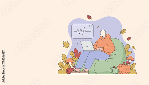 Remote work comfort Person on beanbag uses laptop in an autumn setting with waveform data