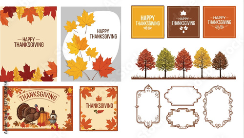 Happy thanksgiving greeting card with autumn leaves frame