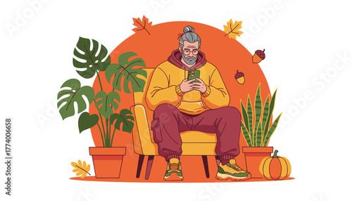 Hipster elder man relaxing with smartphone in a cozy autumn setting with houseplants