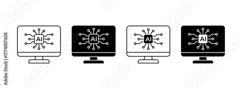 PC with AI Icon Set. Artificial Intelligence technology symbols for web services and modern applications