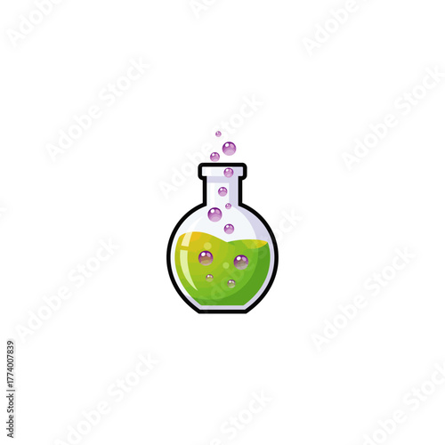 Laboratory Flask with Bubbling Green Potion Vector Cartoon Illustration Isolated Glass Round Bottom Container Science Experiment Chemical Reaction, Laboratory flask with bubbling green potion.