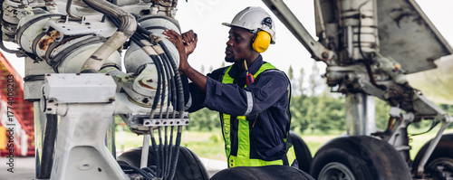 Aircraft workers checking airplane. Ground personnel at the airport check the hydraulic system of the landing gear of the aircraft