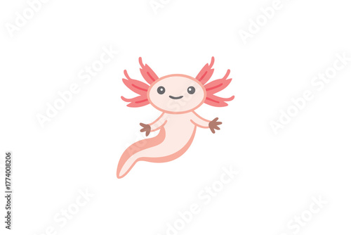 Cute Pink Axolotl Cartoon Character Floating Smiling Adorable Amphibian Aquatic Pet Simple Kawaii Style Illustration for Kids and Nursery
