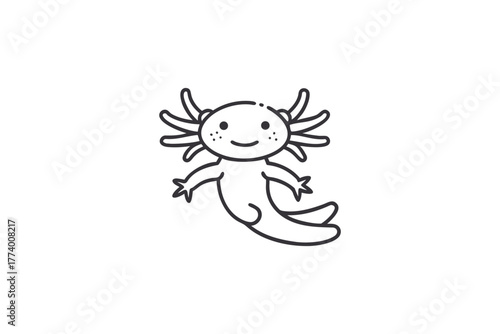 Cute Black Outline Axolotl Cartoon Character Floating Smiling Adorable Amphibian Aquatic Pet Simple Kawaii Style Illustration for Kids and Nursery
