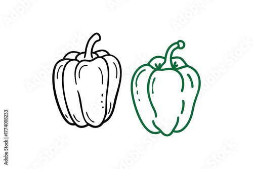 Two Bell Peppers Outline Icons Black and Green Line Art Vegetable Healthy Food Ingredient Simple Graphic Design for Culinary Use