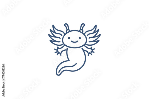 Adorable Blue Outline Axolotl Icon with Smiling Face and Gills Representing Unique Amphibian Pet Aquatic Life or Endangered Species in Freshwater Habitats