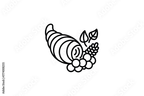 Simple Outline Icon of a Cornucopia Filled with Harvest Grapes and Leaves Representing Abundance Autumn Season and Festive Celebrations of Gratitude
