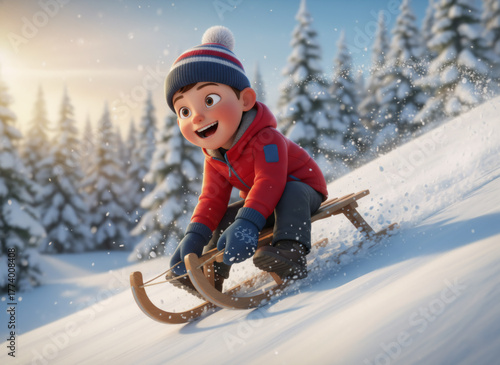 Wallpaper Mural Miniature figure: a child sliding down a snowy mountain on a sleigh. Torontodigital.ca