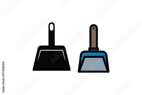 Two Dustpans Side by Side Black Silhouette and Colored Icon for Cleaning Supplies and Efficient Household Chores
