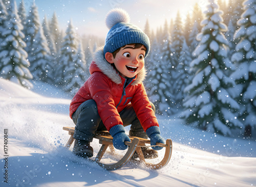 Wallpaper Mural Miniature figure: a child sliding down a snowy mountain on a sleigh. Torontodigital.ca