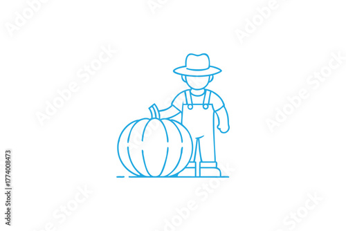 Farmer with Large Pumpkin Line Art Illustration Agricultural Worker Harvest Season Autumn Farming Concept