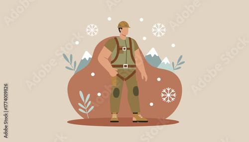 Professional worker in safety gear standing in a snowy mountain landscape illustration