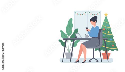 Professional woman working on phone in Christmas decorated office setting