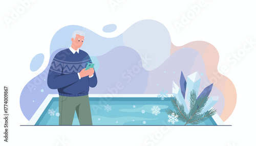 Senior man using smartphone in a stylized winter landscape with ice and snowflakes