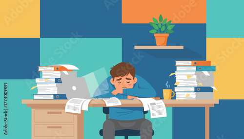 Burnout Exhausted man slumped over office desk buried under massive paperwork and laptop