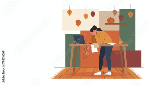 Overworked woman suffering burnout at home desk Remote work stress and autumn deadlines concept