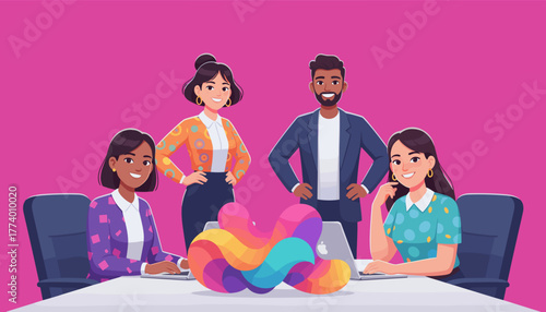 A diverse smiling business team collaborates around a table with a colorful concept design