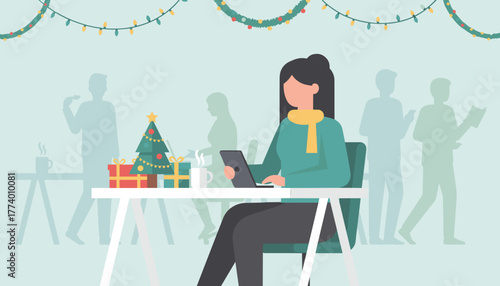 Businesswoman works on holiday deadlines in a festive office with Christmas decorations and gifts