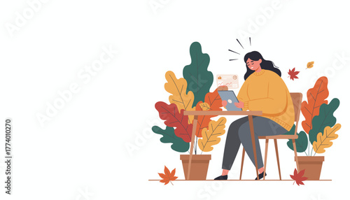 Happy woman works on digital tablet surrounded by colorful autumn plants Remote work concept