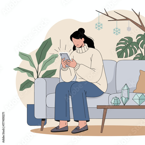 Young woman checking smartphone notifications while relaxing on a comfortable sofa at home