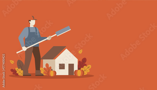 Worker preparing a house for autumn Seasonal maintenance and cleaning service flat design illustration