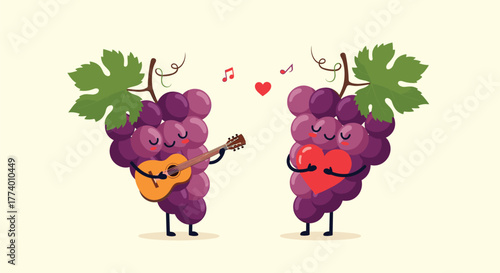 Two adorable cartoon grape bunches with happy faces engage in a romantic serenade, one playing a guitar while the other embraces a heart.