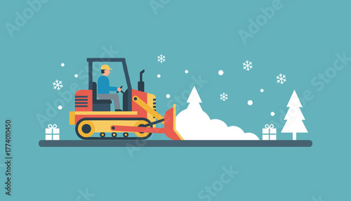 Bulldozer clearing winter snow Flat design illustration of snow removal and holiday services