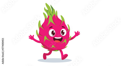 A cheerful, animated dragon fruit character with big eyes and a wide smile runs enthusiastically, showcasing its vibrant pink skin and green scales on a crisp white background.