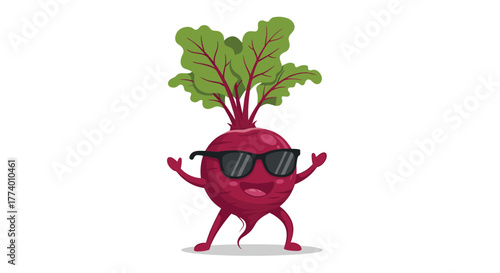A vibrant cartoon beetroot character, complete with stylish sunglasses, is happily smiling and posing with its arms raised on a clean white background.
