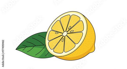 A vibrant, brightly colored illustration of a fresh yellow lemon, cut in half to reveal its juicy interior with segments and seeds, resting beside a green leaf on a white background.