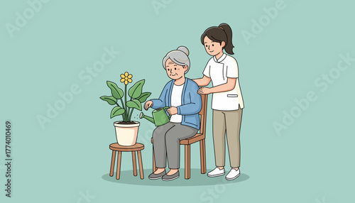 Friendly caregiver helps senior woman water a potted plant Aged care and quality of life