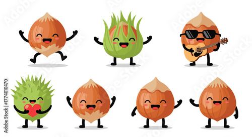A delightful collection of adorable cartoon hazelnut characters showcasing a variety of playful poses and expressions, including musical, jumping, and loving themes.