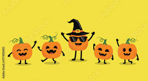 Happy cartoon Halloween pumpkins with carved faces, including one wearing a witch hat and sunglasses, cheerfully dancing and waving on a yellow background.