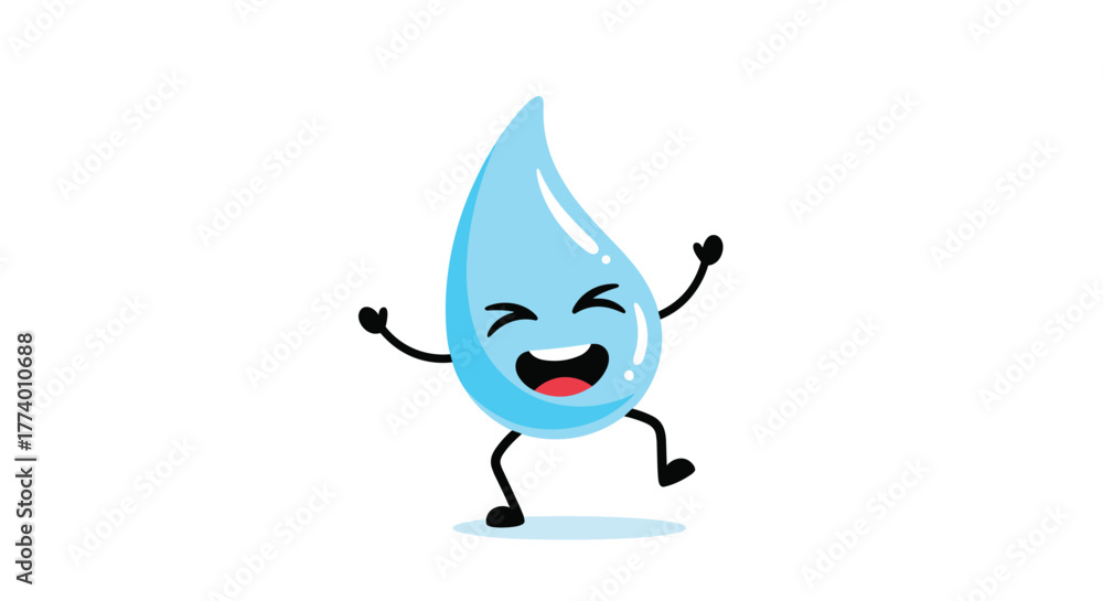 Obraz premium A cheerful and energetic light blue cartoon water droplet character jumps joyfully with arms raised and a wide, laughing expression, conveying happiness and vitality.