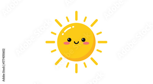 A cheerful and friendly cartoon sun character with a big happy smile and rosy cheeks radiates warmth and positive energy, shining brightly against a clean white background.