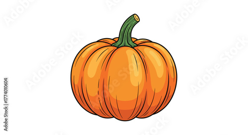 A vibrant cartoon illustration of a plump, round orange pumpkin with a distinct green stem, isolated on a clean white background, symbolizing autumn harvest and holiday celebrations.