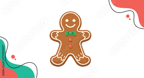 A cheerful gingerbread man cookie, decorated with white icing, a green bow tie, and red candy buttons, stands against a festive abstract background.