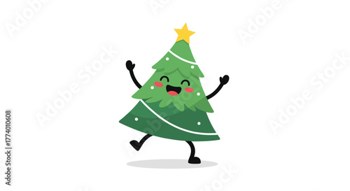 Adorable cartoon Christmas tree character happily dances and celebrates the festive season, radiating joy and cheer on a clean white background.