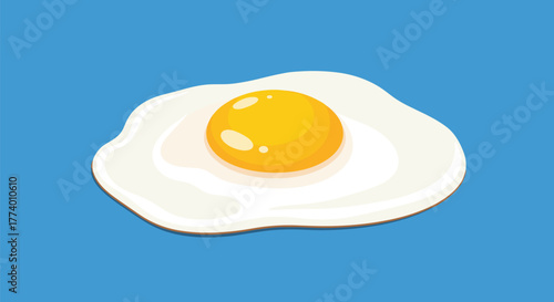 A simple, illustrative depiction of a perfectly cooked sunny-side up fried egg with a bright yellow yolk and white albumen, resting on a clean blue background.