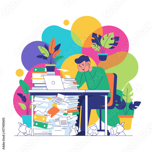 Overwhelmed man stressed by huge workload and paperwork mess at office desk Flat vector illustration