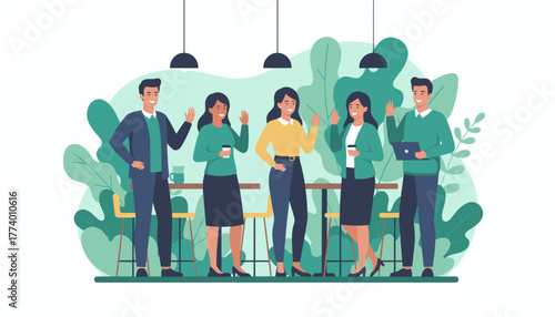 Diverse professional team greeting in a modern green office or cafe setting Illustration