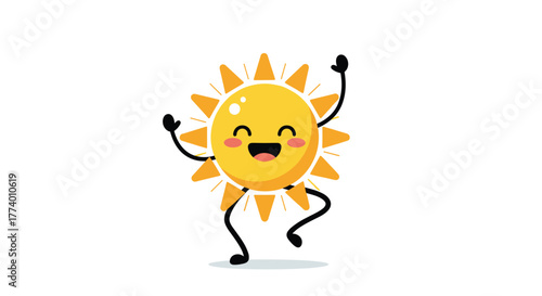 A cheerful cartoon sun character with a radiant smile and rosy cheeks, playfully dancing with its arms raised and legs bent, spreading happiness and warmth on a bright white background.