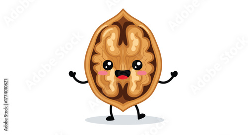 Cute cartoon walnut character split in half, revealing its nutritious brain-like kernel, smiling happily and waving on a clean white background.