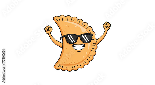 An animated empanada character wearing cool sunglasses, joyfully flexing its biceps with a big smile, perfect for food and celebration themes.