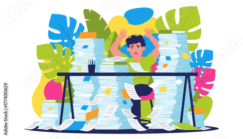 Overwhelmed worker buried under mountains of documents illustrating burnout bureaucracy and deadline pressure