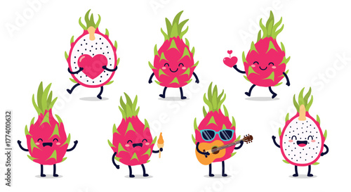 A delightful collection of cute cartoon dragon fruit characters, both whole and sliced, showcasing various fun poses and emotions, perfect for lively tropical and healthy lifestyle themes.