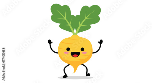 A cheerful and adorable cartoon turnip character with vibrant green leaves smiles happily, striking a playful pose on a clean white background, radiating joy and fun.