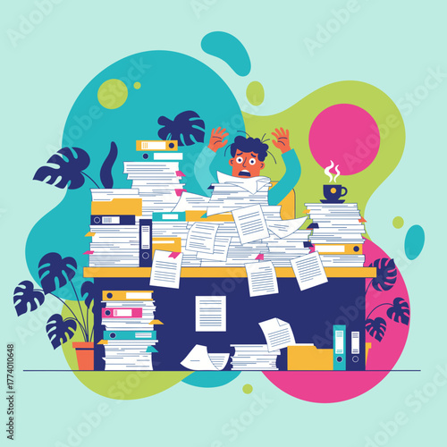 Stressed worker buried under excessive paperwork on an office desk Burnout concept
