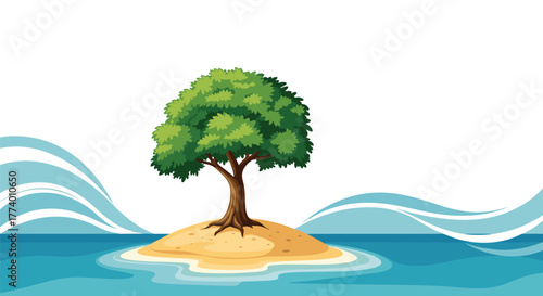 A vibrant green tree stands alone on a small sandy island, surrounded by tranquil blue ocean water with stylized waves, under a clear white sky.