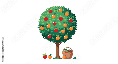 A cheerful vector illustration depicts a verdant fruit tree bearing red apples and orange fruits, with a full harvest basket and fallen produce at its base.